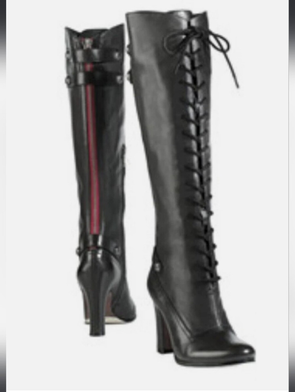 Sam Edelman Leather Black Lace-Up Knee-High Heel Boots with Red Stripe Size 8.5